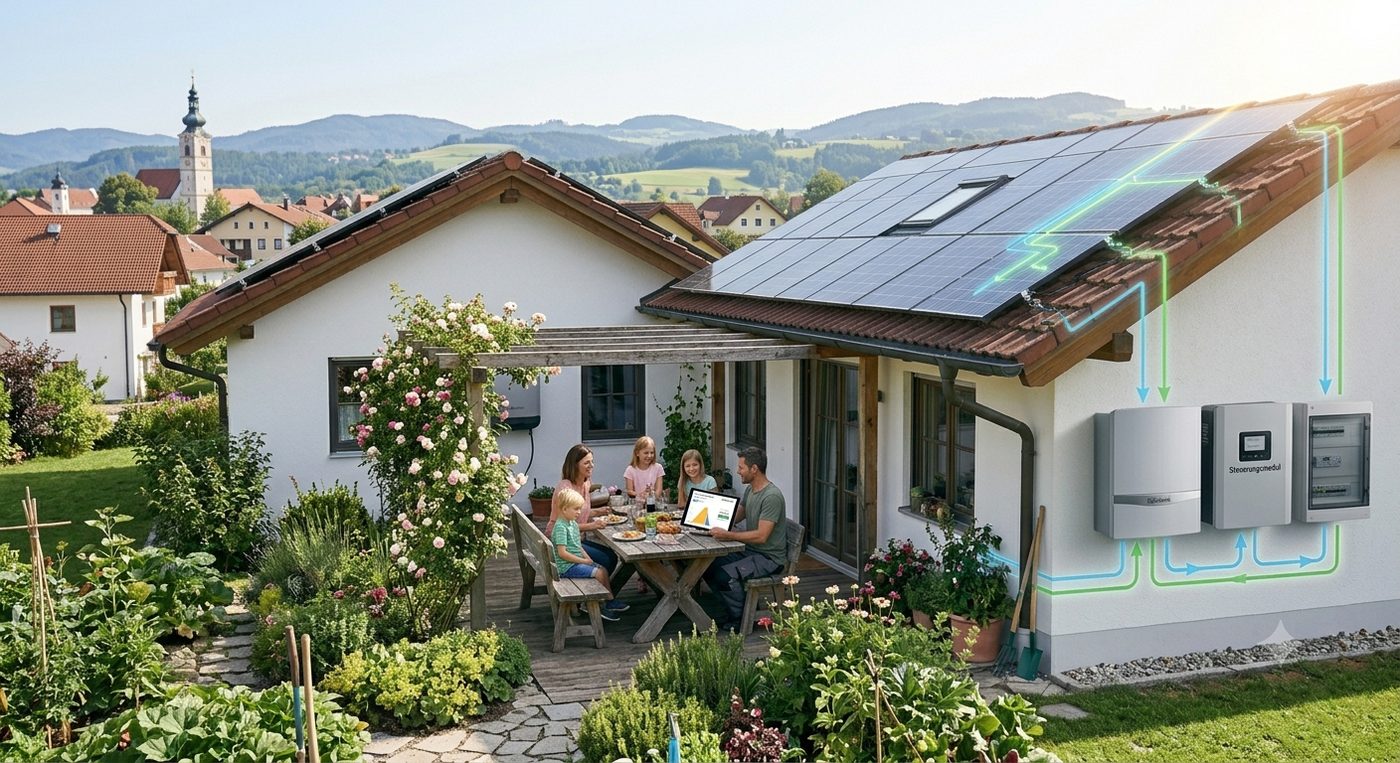Familie am Haus mit Photovoltaik-Anlage